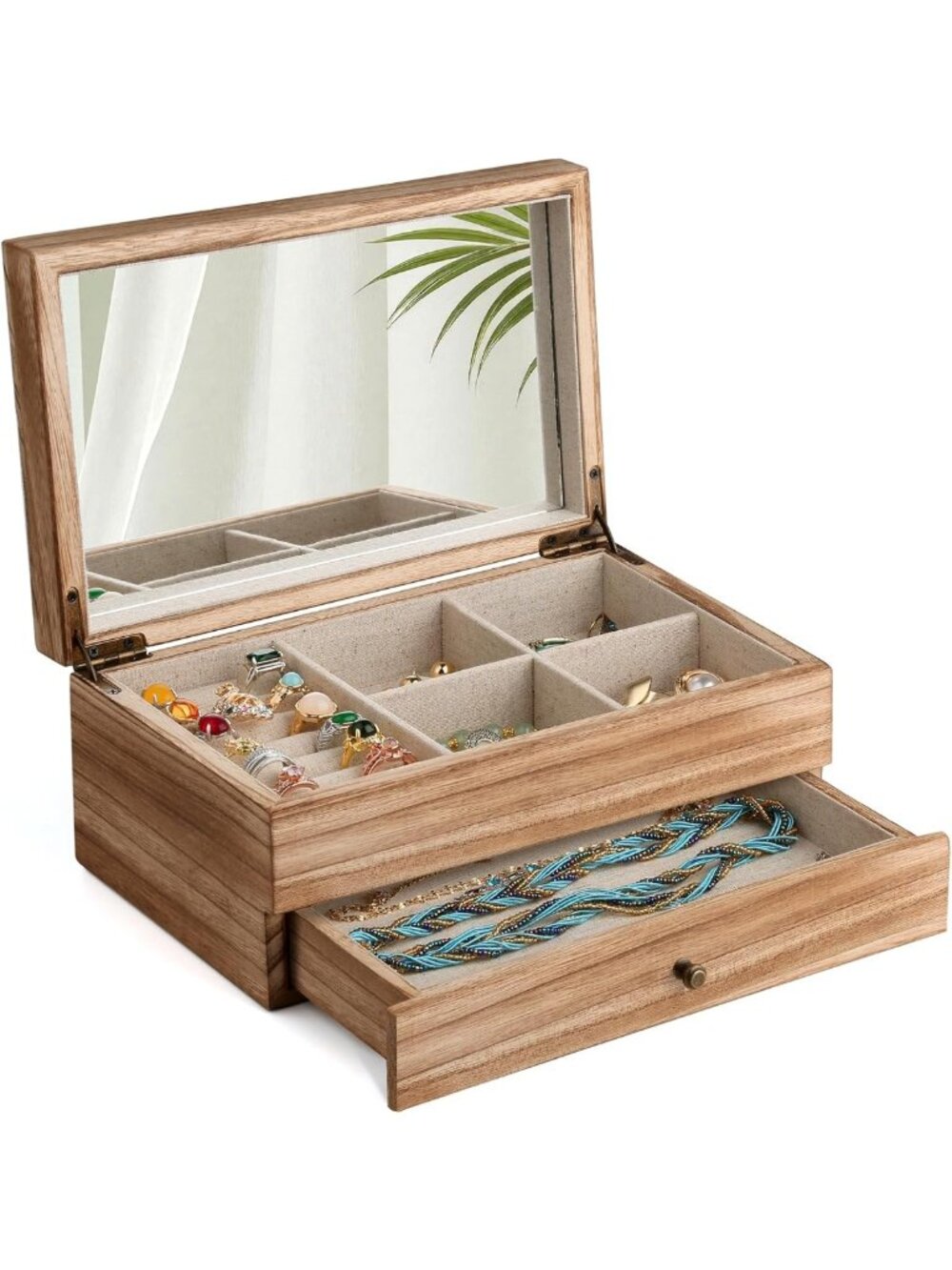 Rustic Wooden Jewelry Box Organizer with Mirror, 2 Layer Storage for Necklaces